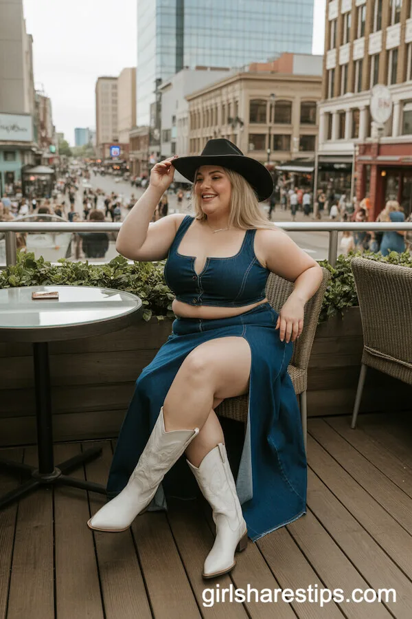 Dark Blue Denim Crop Top and High-Slit Skirt Set with White Cowboy Boots