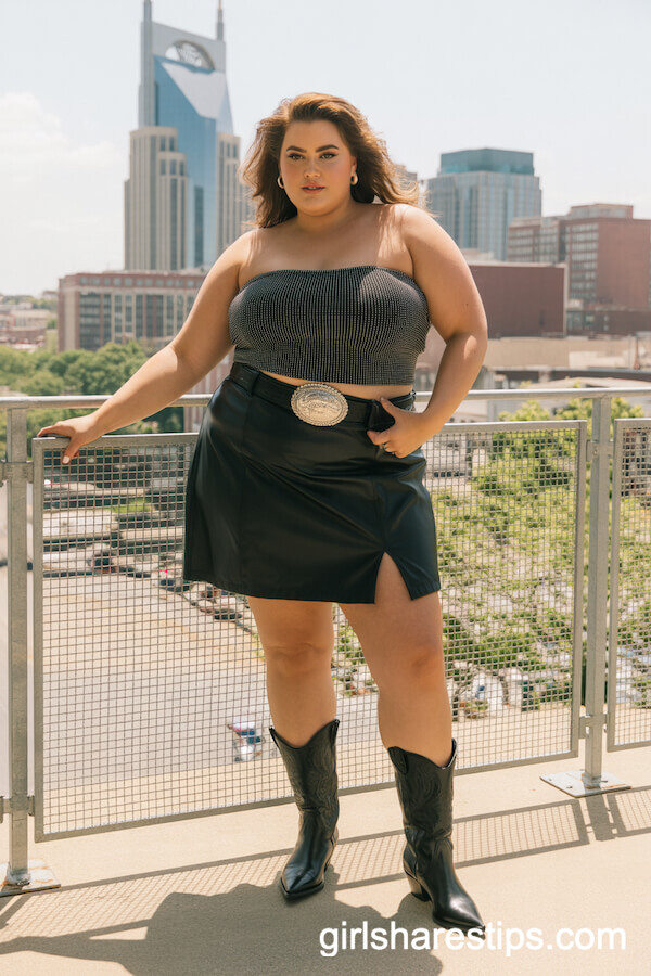 Sparkly Western Tube Top, Black Faux Leather Mini Skirt, Black Cowboy Boots
