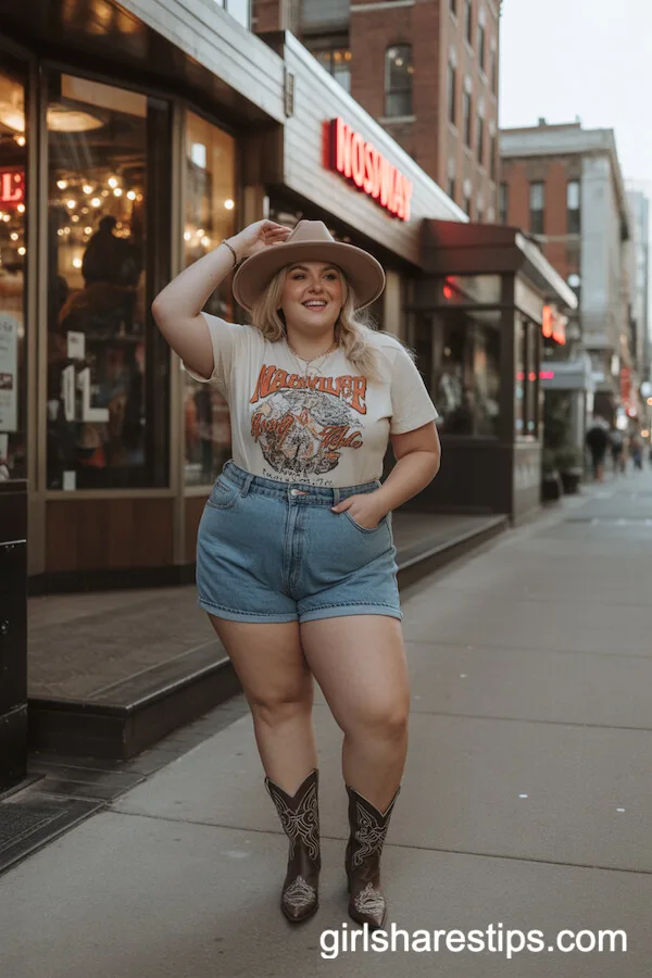 Denim Shorts, Graphic Tee, Cowboy Boots, Wide-Brim Hat
