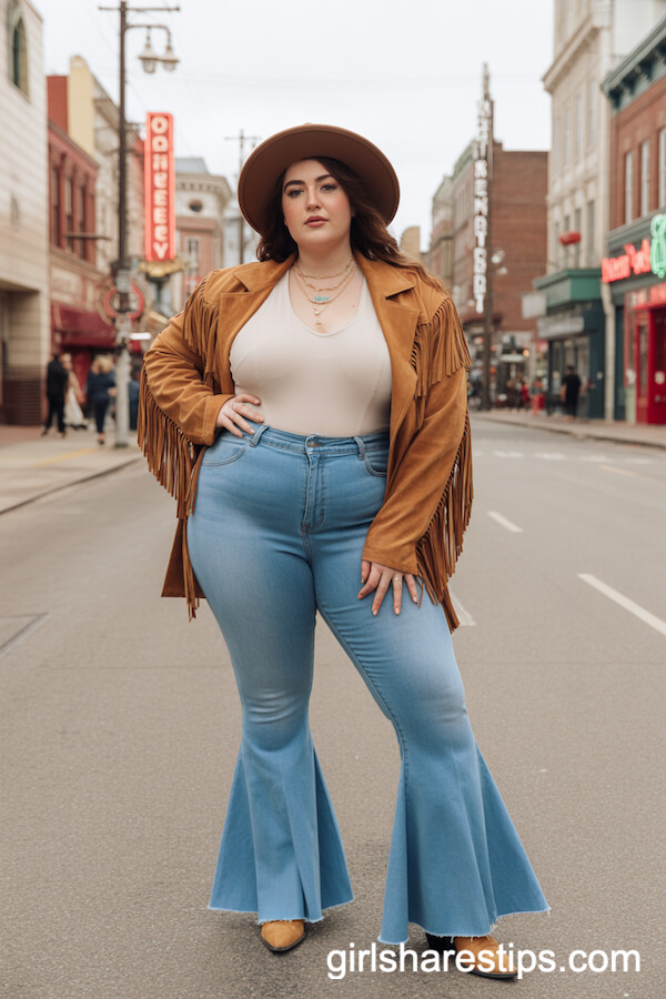 High-Waisted Flare Jeans Fringe Suede Jacket White Bodysuit
