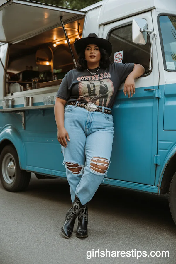 Ripped Light-Wash Jeans and Vintage Band Tee with Western Boots