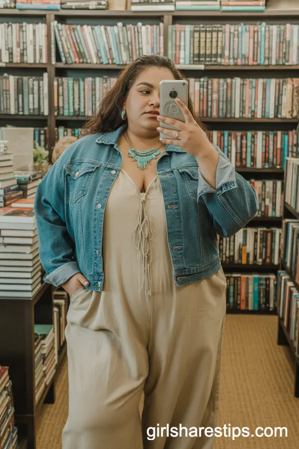 Beige Linen Jumpsuit with Denim Jacket and Chunky Southwestern Jewelry