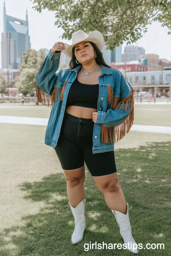 Black Biker Shorts, Crop Top, Oversized Fringe Denim Jacket