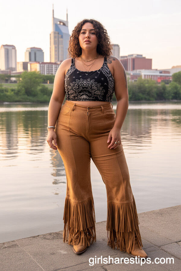 Suede Flared Pants with Bandana Tank and Layered Necklaces