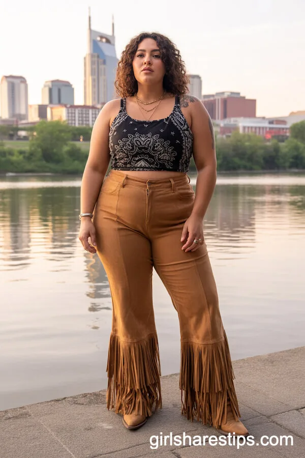 Suede Flared Pants with Bandana Tank and Layered Necklaces