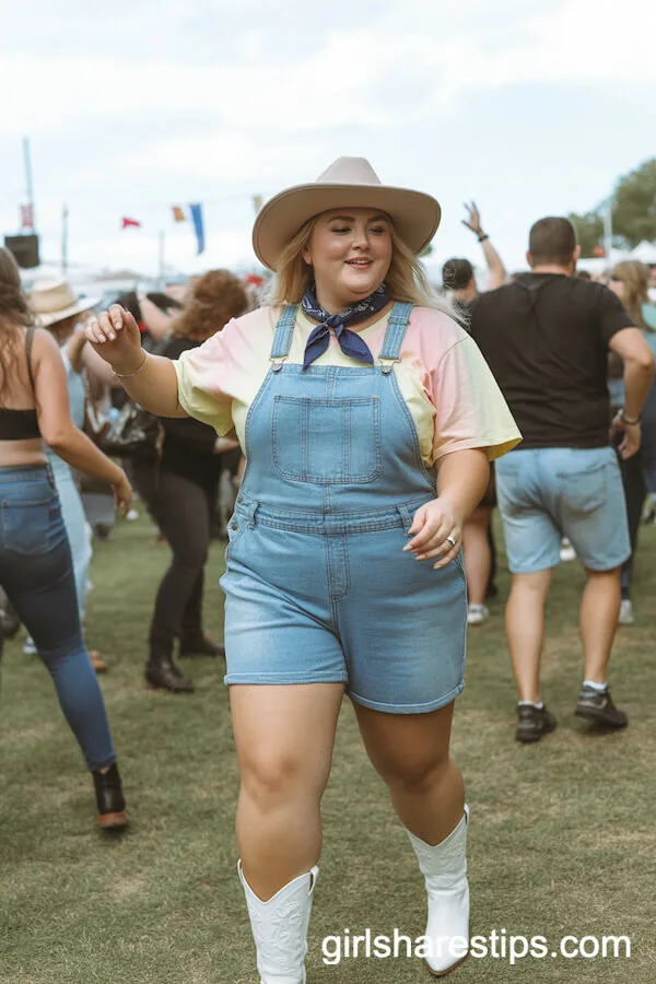 Denim Overalls, Pastel Tee, White Cowboy Boots, Bandana Neck Scarf