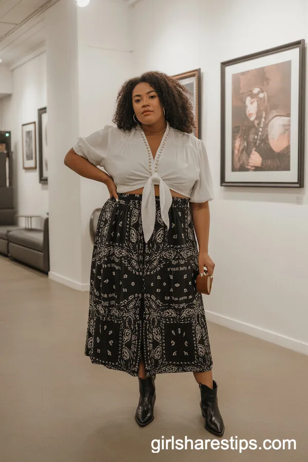Bandana Print Midi Skirt, Tie-Front Blouse, Western Ankle Boots