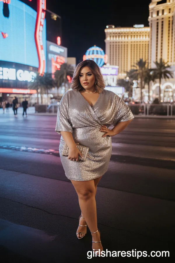Silver Sequin Mini Dress with Strappy Heels for Plus Size Women