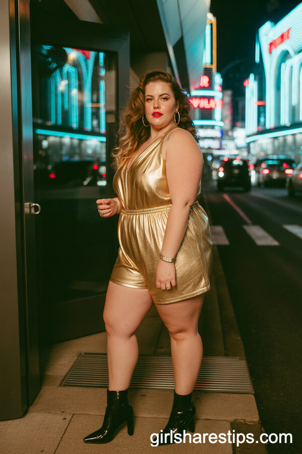Gold Metallic Romper with Black Heeled Ankle Boots