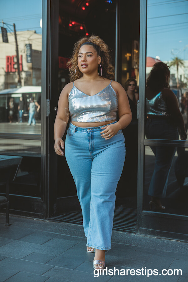 Silver Sequin Crop Top with High-Waisted Straight Leg Jeans