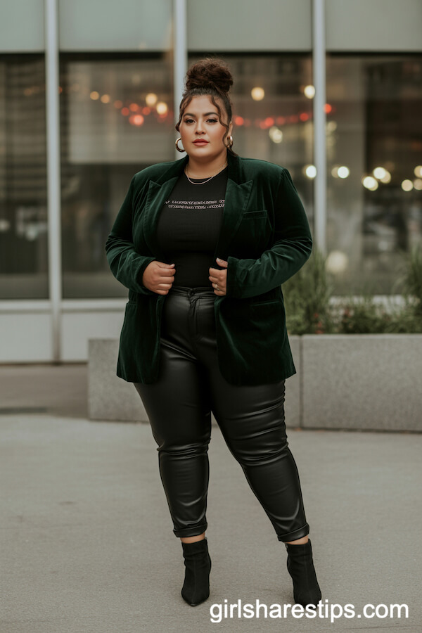 Dark Green Velvet Blazer with Black Faux Leather Pants and Heeled Booties