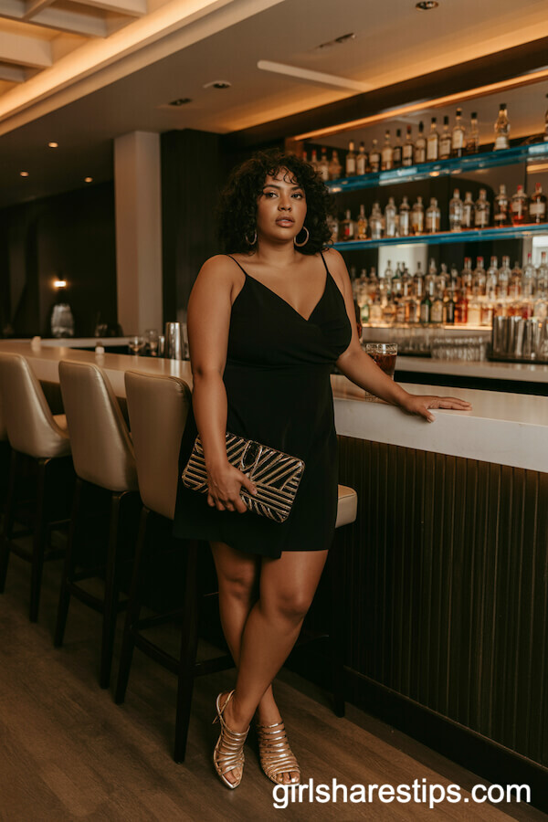 Chic Little Black Dress with Strappy Gold Heels and Statement Clutch