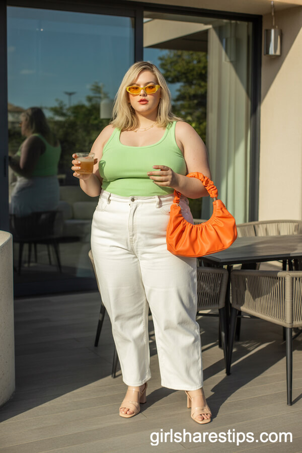 Neon Green Tank Top with High-Waisted White Jeans and Nude Sandals
