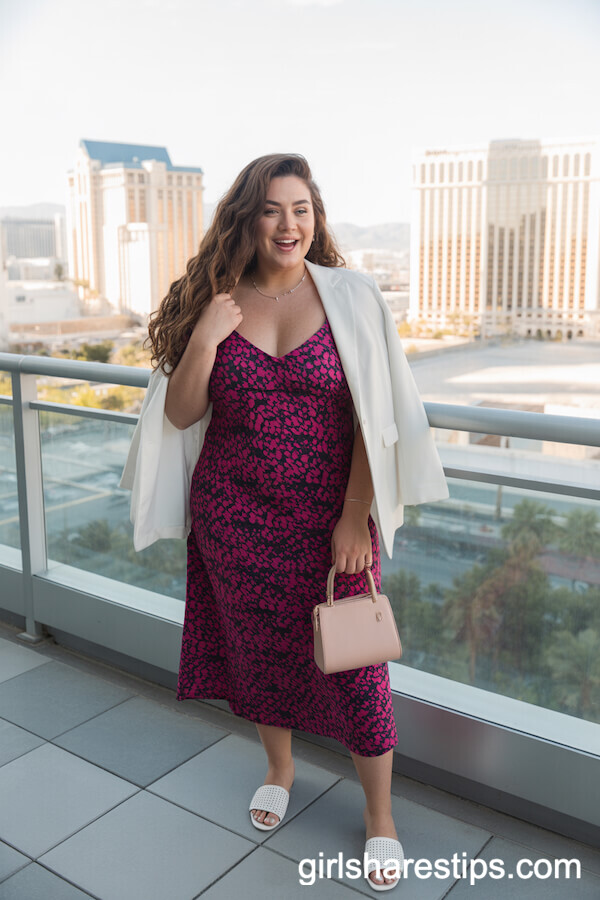 Patterned Midi Slip Dress with White Blazer and Slide Sandals