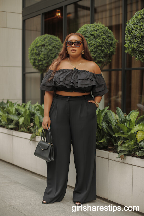 Off-Shoulder Ruffled Black Crop Top with Wide-Leg Black Trousers