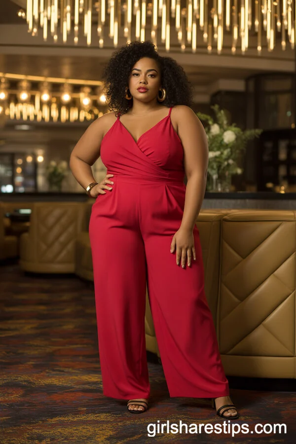 Bold Red Wide-Leg Jumpsuit with Gold Accessories