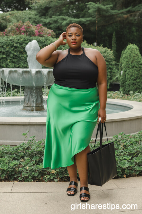 Black Halter Tank Top with Satin Green Asymmetrical Midi Skirt