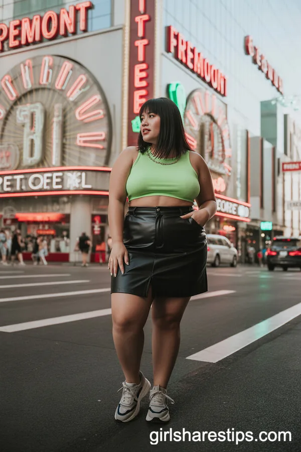 Leather Mini Skirt and Neon Crop Top with Chunky Sneakers