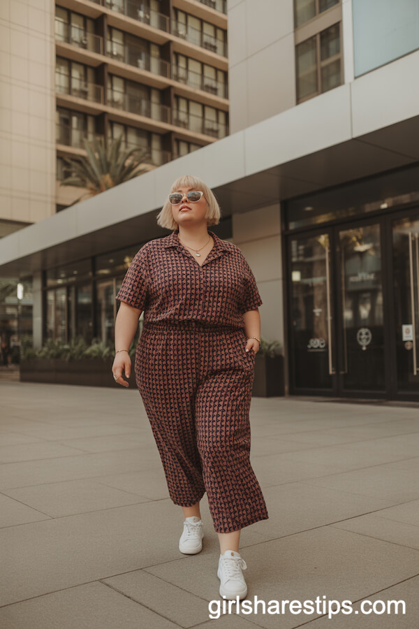 Patterned Wide-Leg Jumpsuit with White Sneakers and Oversized Sunglasses