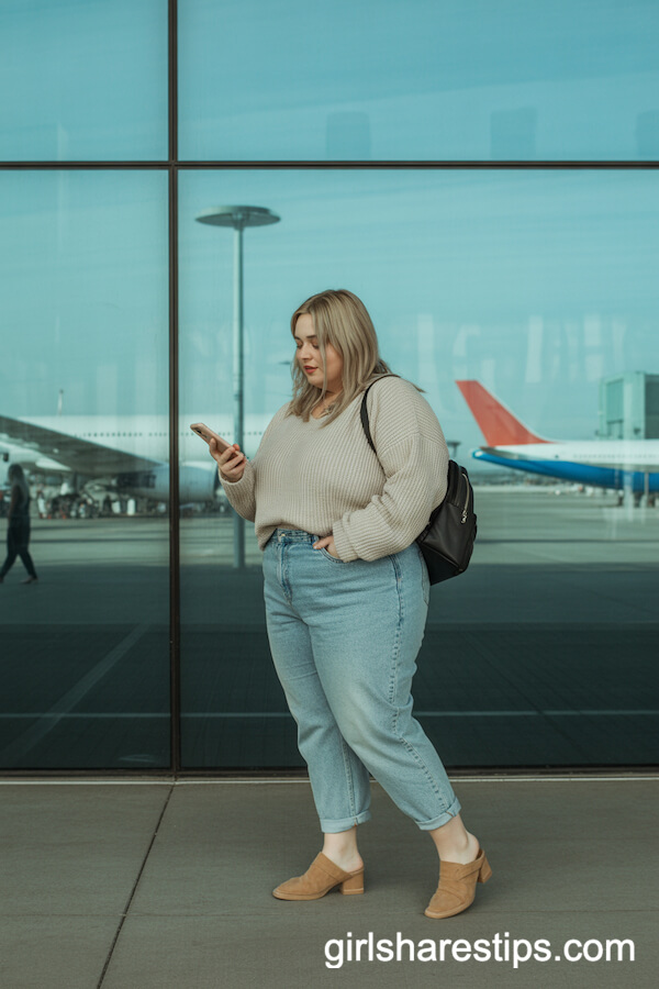 High-Waist Jeans with Cozy Oatmeal Knit Sweater and Mules
