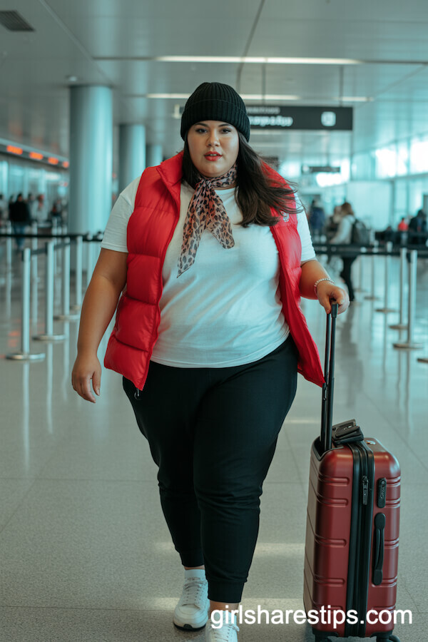 Red Puffer Vest and Leopard Print Scarf with Black Joggers