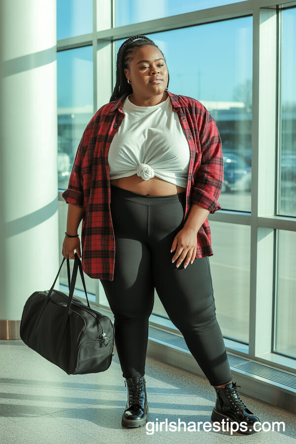 Red Plaid Flannel Shirt Black High-Rise Leggings