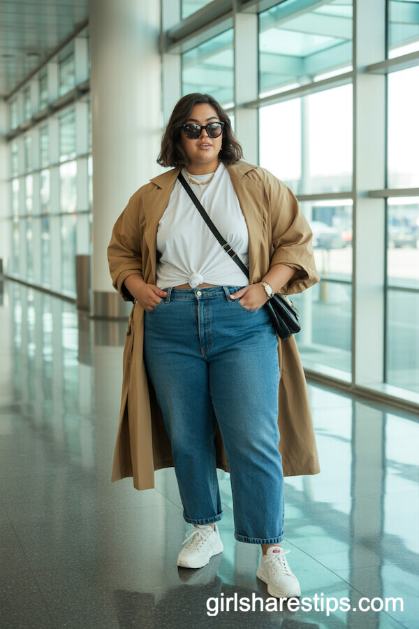 Straight-Leg Blue Jeans and White Tee with Camel Trench Coat