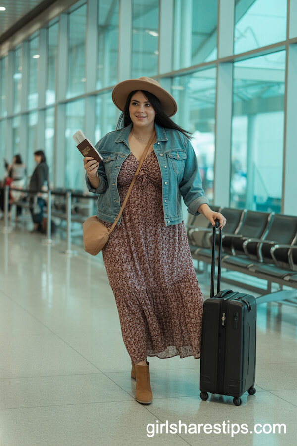 Floral Maxi Dress with Denim Jacket and Wide-Brim Hat
