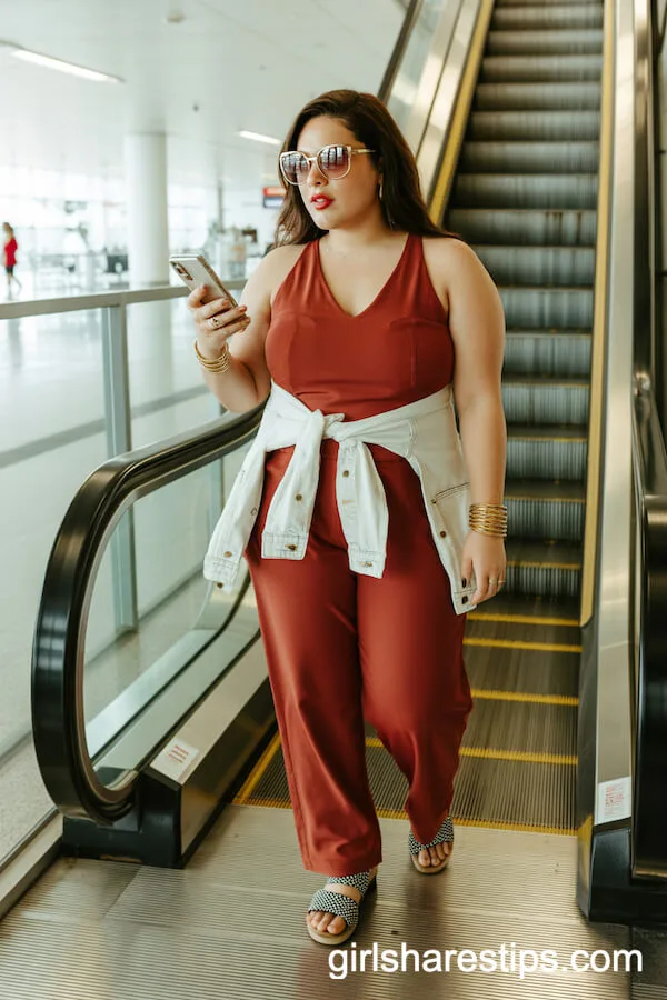 Rust-Red Sleeveless Jumpsuit with White Denim Jacket and Sandals