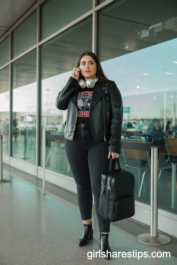 Black Faux Leather Biker Jacket with Skinny Jeans and Boots