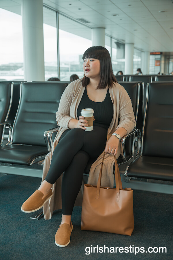 Long Beige Cardigan with Black Tank Top and Leggings