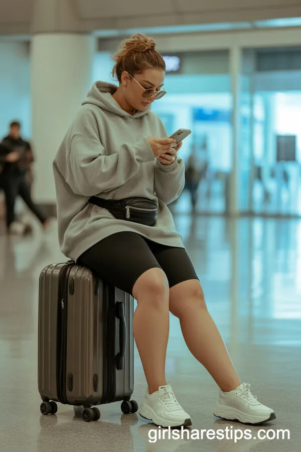 Oversized Grey Hoodie and Biker Shorts for Cozy Airport Comfort