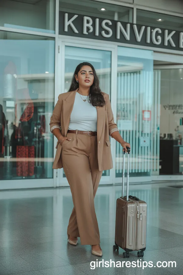 Camel Blazer and Wide-Leg Trousers for Business-Casual Travel