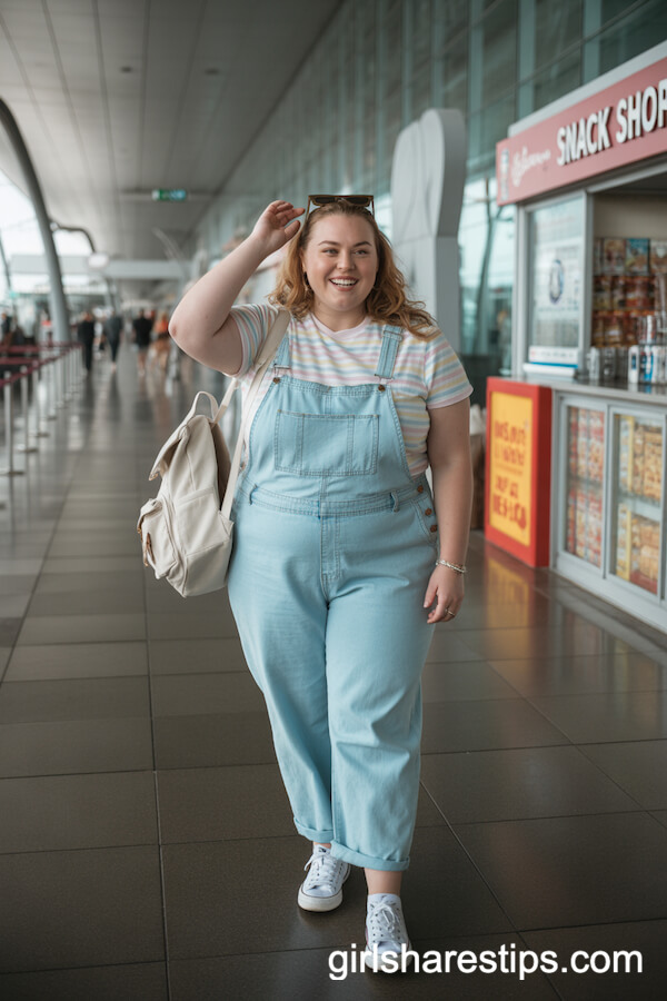 Light Denim Overalls and Pastel Striped Tee for Playful Travel Style