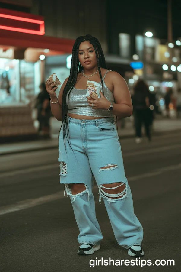 Silver Glitter Crop Top and Oversized Ripped Jeans