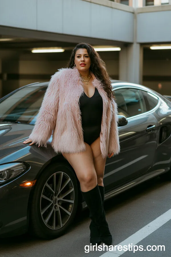 Blush Pink Faux Fur Jacket Over Black Bodysuit and Knee-High Boots