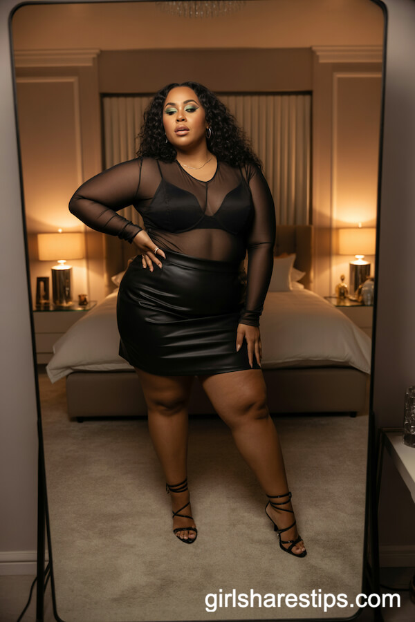 Sheer Black Mesh Top with Pleather Mini Skirt