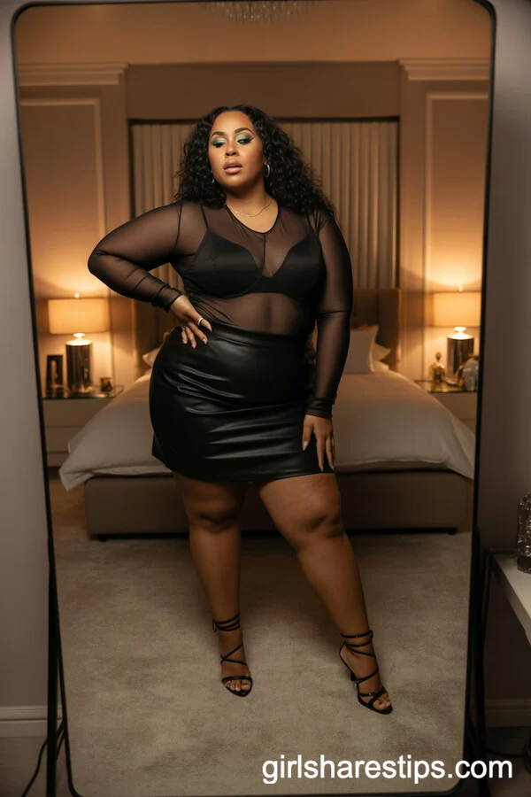 Sheer Black Mesh Top with Pleather Mini Skirt