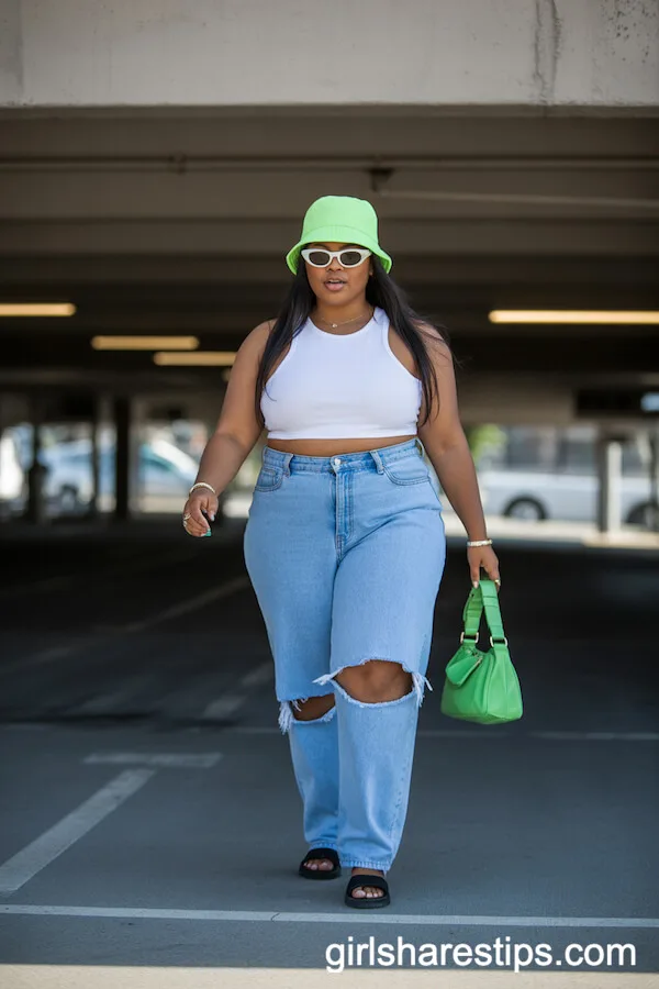 White Crop Tank Top and Light Blue Ripped Jeans with Neon Accessories