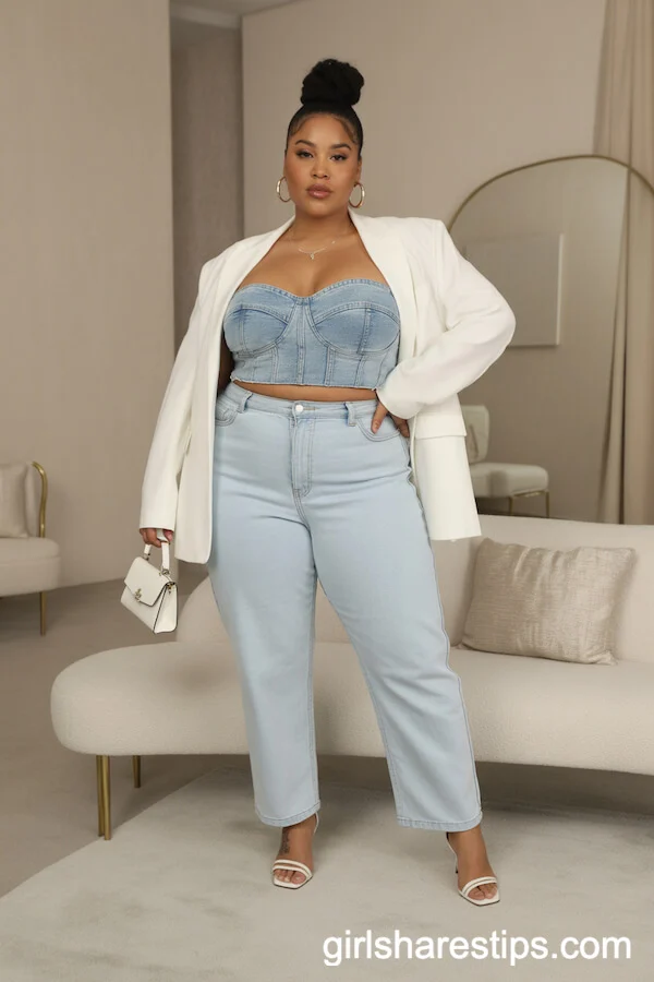 Denim Bustier Top and High-Waisted Light Blue Jeans with White Blazer