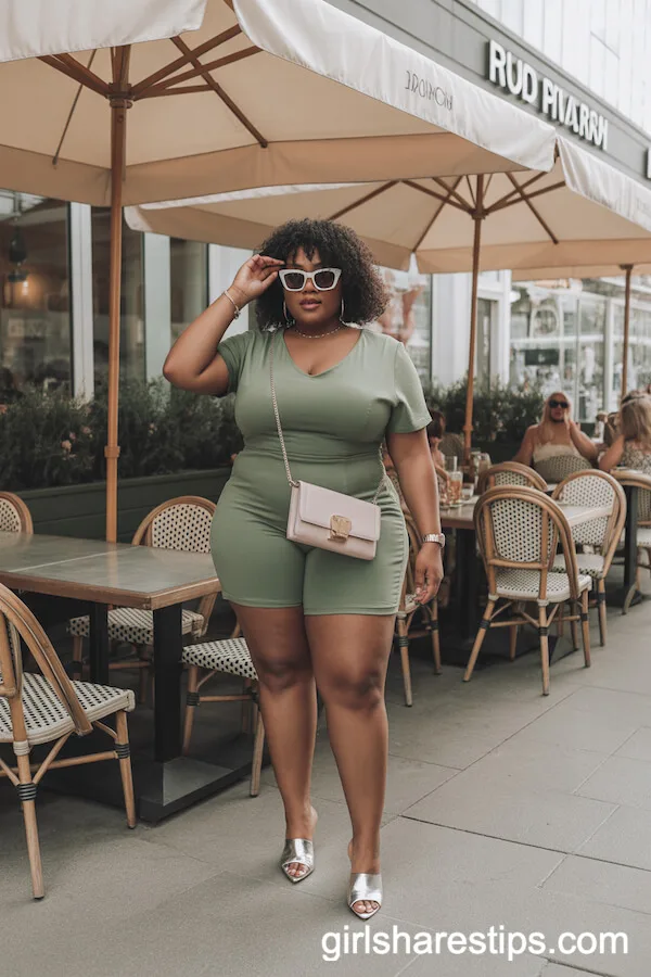 Fitted Olive Green Romper with Heeled Mules