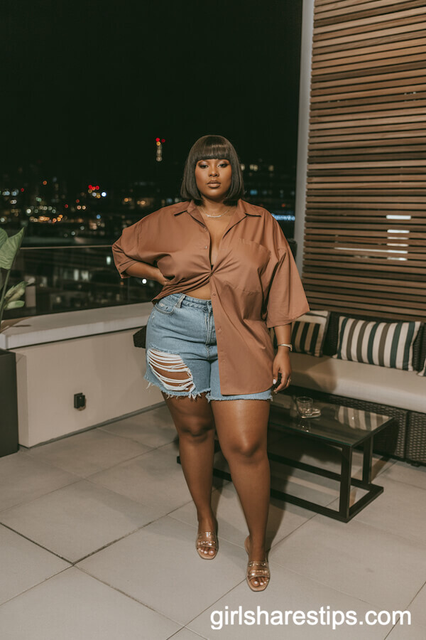 Brown Oversized Button-Down Shirt with High-Waisted Ripped Denim Shorts