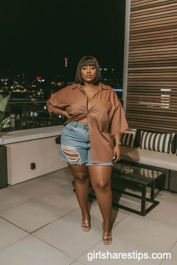Brown Oversized Button-Down Shirt with High-Waisted Ripped Denim Shorts