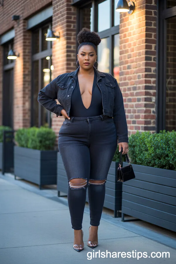 Black Plunging Bodysuit and Ripped Grey Skinny Jeans with Cropped Black Jacket