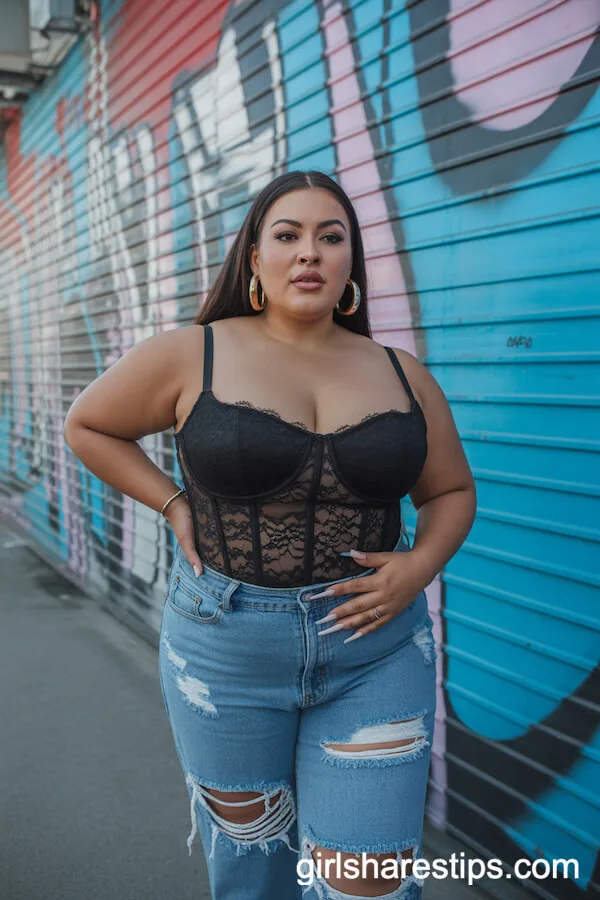 Distressed High-Waist Jeans Black Lace Corset Top