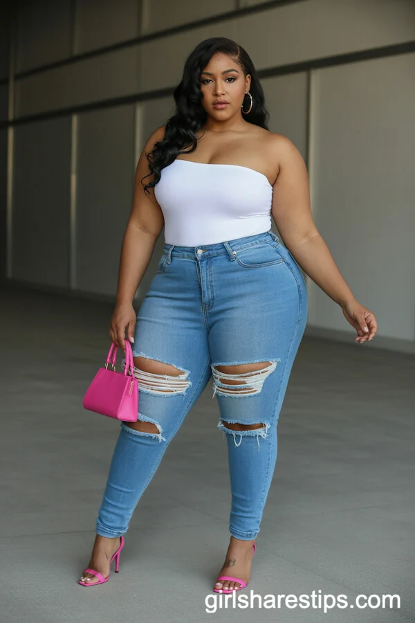 White Strapless Bodysuit with Ripped Blue Jeans and Pink Heels
