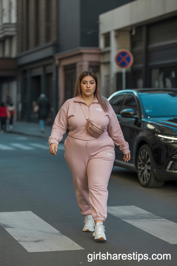 Blush Pink Tracksuit with Chunky White Sneakers