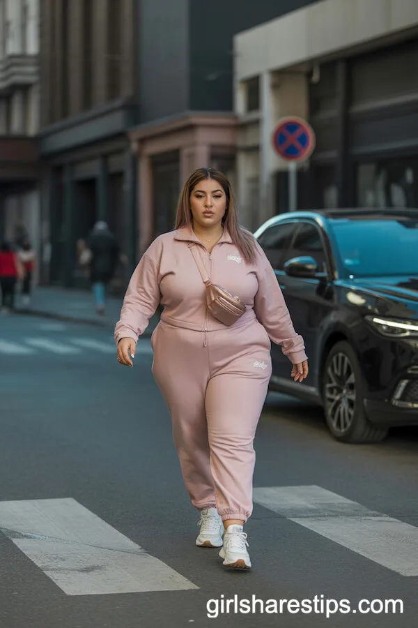 Blush Pink Tracksuit with Chunky White Sneakers
