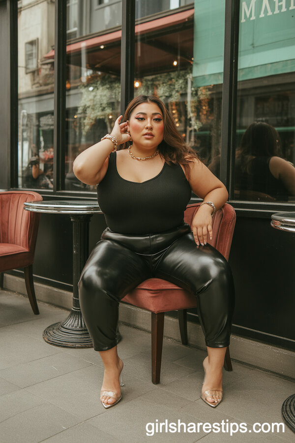 Black Fitted Bodysuit and Shiny Faux Leather Pants