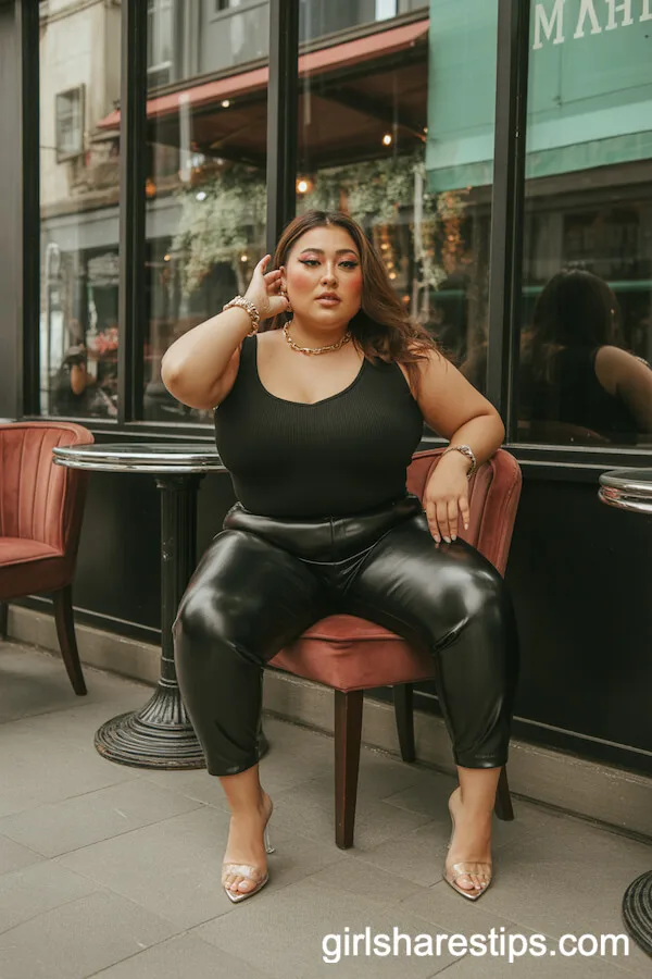 Black Fitted Bodysuit and Shiny Faux Leather Pants